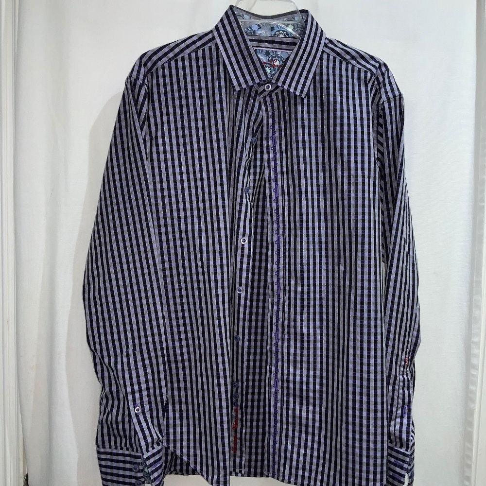 Robert Graham button down shirt Sz L striped contrast flip cuff embroidered